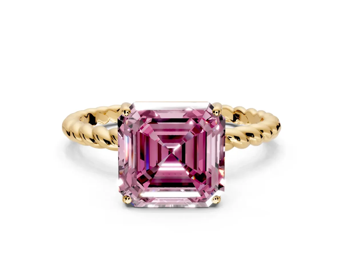 Solitaire Engagement Ring Setting for Fancy Pink Asscher Cut Center with Plain Twisted Rope Band and Prong Head in Yellow Gold