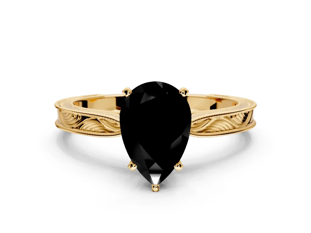 Solitaire Engagement Ring Setting for Fancy Black Pear-Shaped Center with Engraved Milgrain Band and Prong Head in Yellow Gold