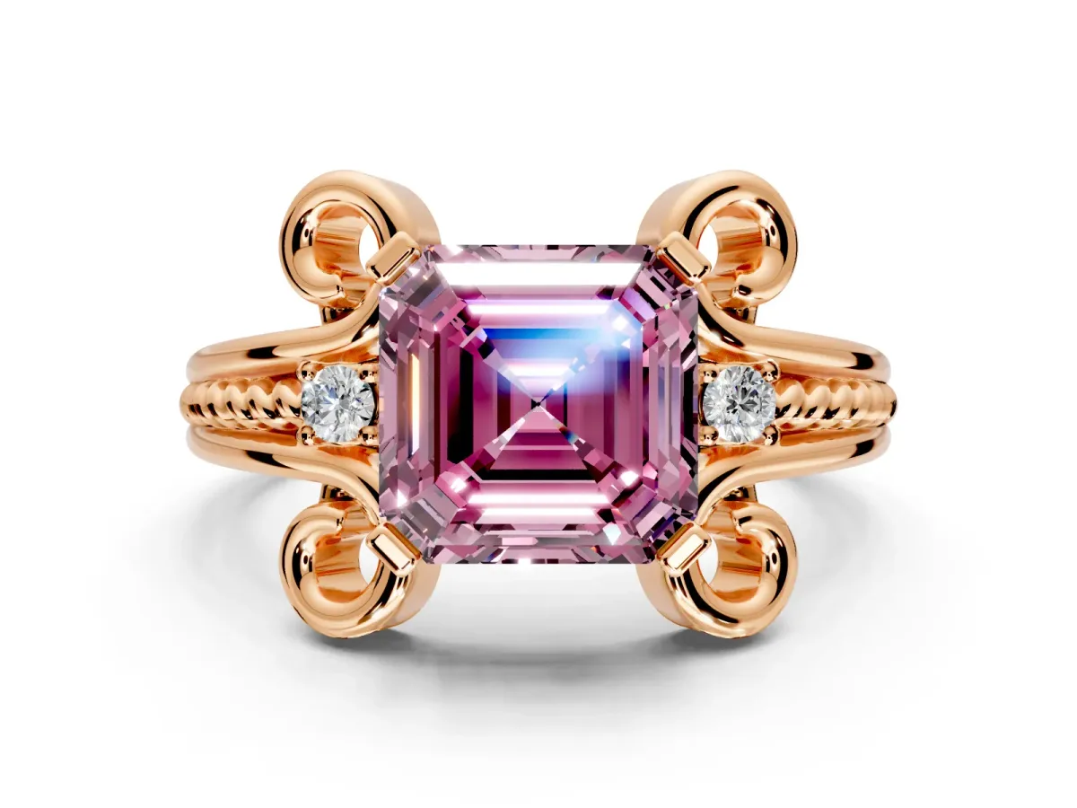 Solitaire Engagement Ring Setting for Fancy Pink Asscher Cut Center with Twisted Band and Scroll Prong Head in Rose Gold