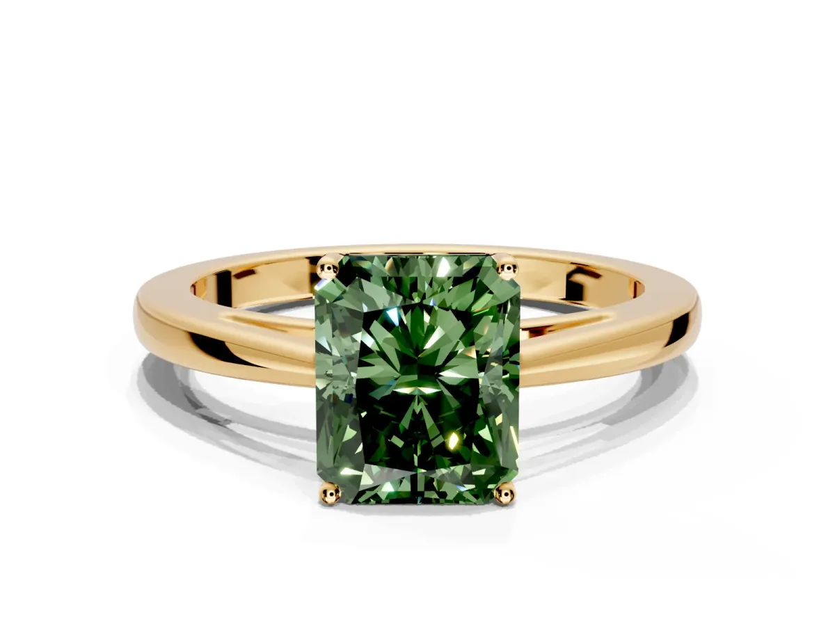 Solitaire Engagement Ring Setting for Fancy Green Radiant Cut Center with Open Cathedral Shoulders and Prong Head in Yellow Gold