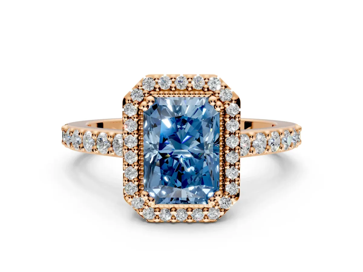 Halo Engagement Ring Setting for Fancy Blue Radiant Cut Center with Inner Milgrain Border and Prong Head in Rose Gold