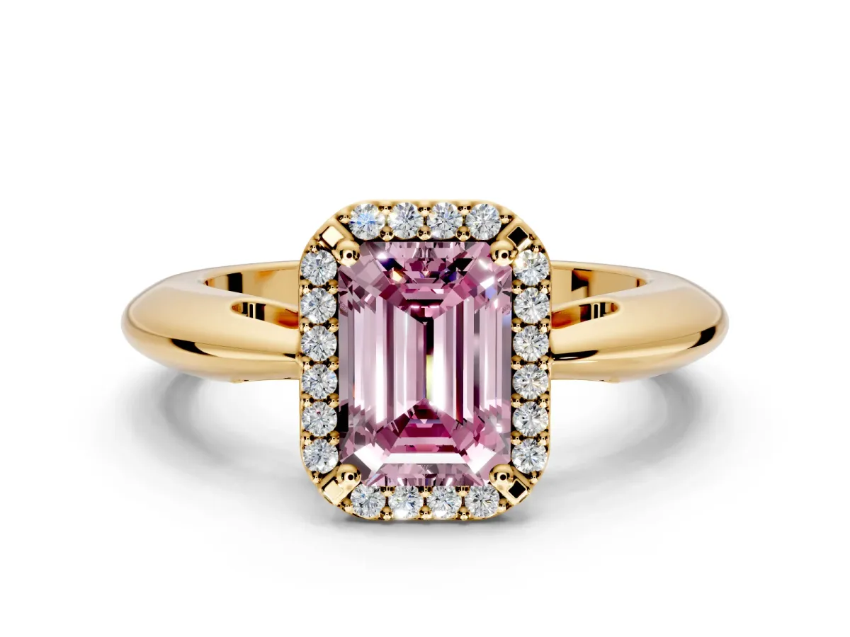 Halo Engagement Ring Setting for Fancy Pink Emerald Cut Center with Tapered Plain Band and Prong Head in Yellow Gold