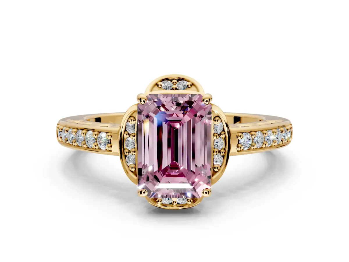 Floral Engagement Ring Setting for Fancy Pink Emerald Cut Center with Four Accent Clusters and Prong Head in Yellow Gold