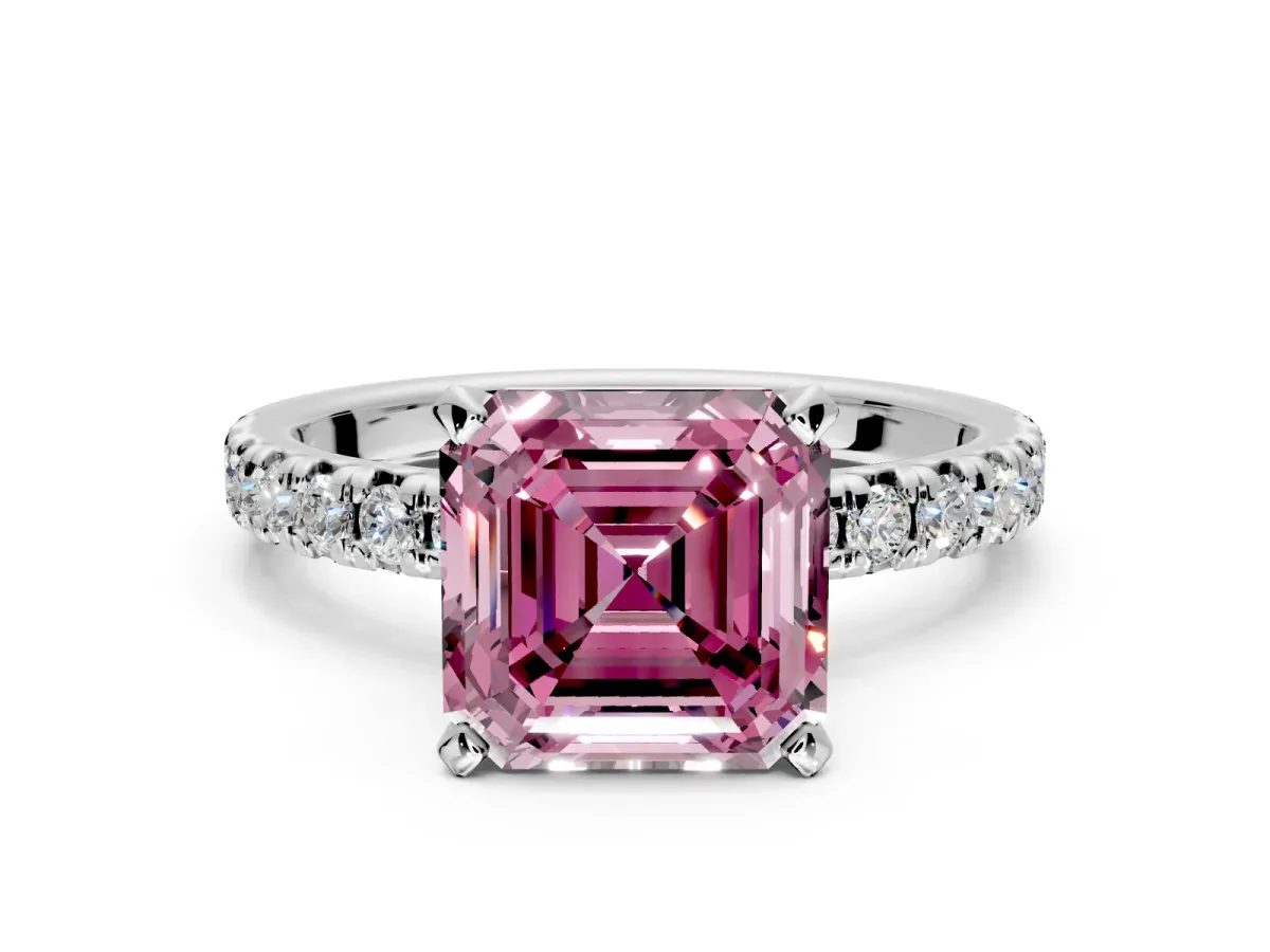 Solitaire Engagement Ring Setting for Fancy Pink Asscher Cut Center with Large Accents and Prong Head in White Gold