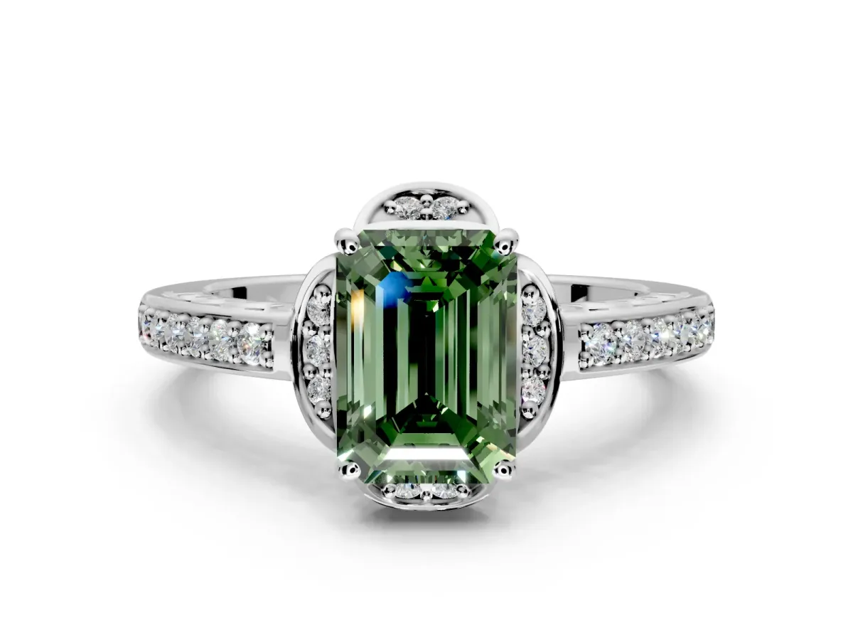 Floral Engagement Ring Setting for Fancy Green Emerald Cut Center with Four Accent Clusters and Prong Head in Platinum