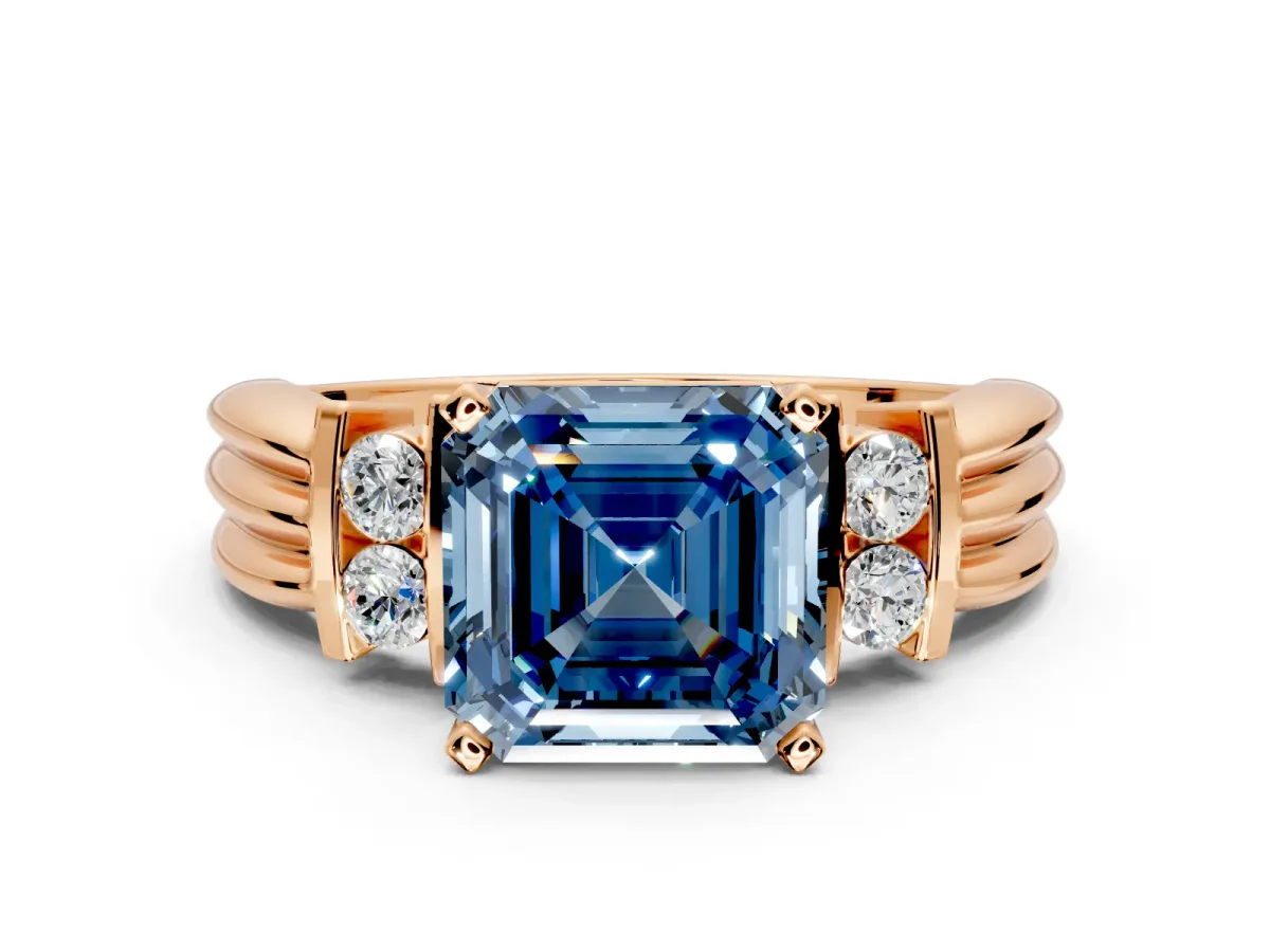Solitaire Engagement Ring Setting for Fancy Blue Asscher Cut Center with Grooved Bar Accent Band and Prong Head in Rose Gold
