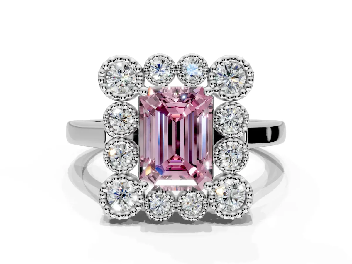Cluster Halo Engagement Ring Setting for Fancy Pink Emerald Cut Center with Milgrain Bezel Accents and Prong Head in White Gold