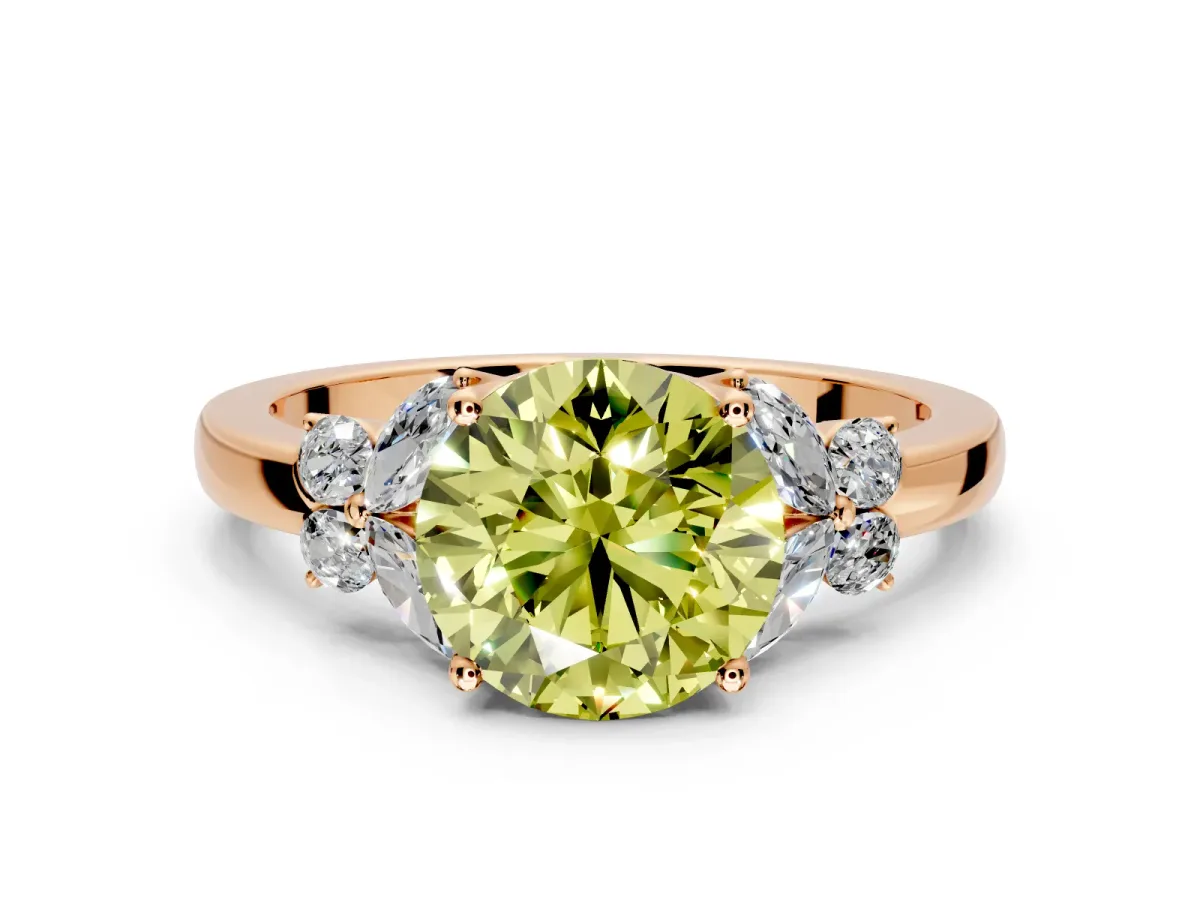 Solitaire Engagement Ring Setting for Fancy Yellow Round Cut Center with Marquise Flower Shoulders and Prong Head in Rose Gold