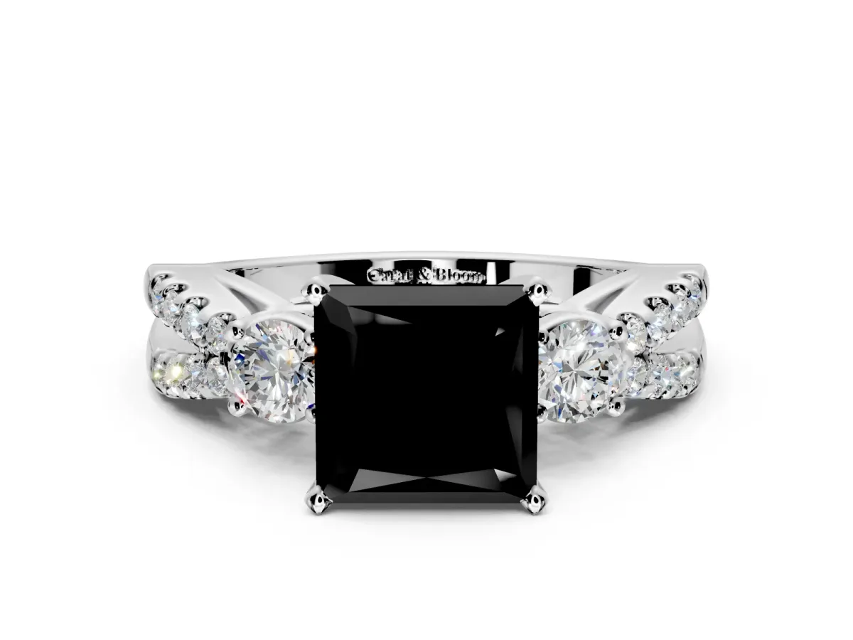 3 Stone Engagement Ring Setting for Fancy Black Princess Cut Center with Pave Split Shank and Prong Head in Sterling Silver