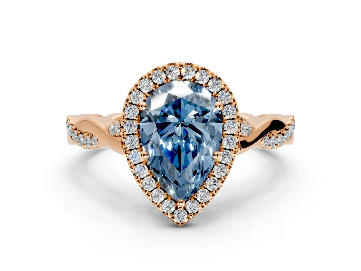 Halo Engagement Ring Setting for Fancy Blue Pear-Shaped Center with Twist Band and Prong Head in Rose Gold