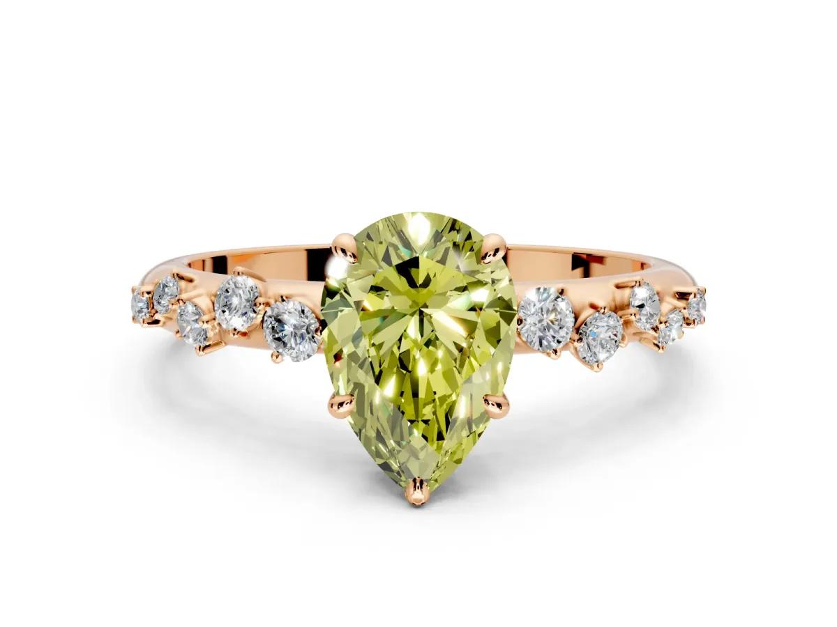Cluster Engagement Ring Setting for Fancy Yellow Pear-Shaped Center with Round Cut Accent Band and Prong Head in Rose Gold