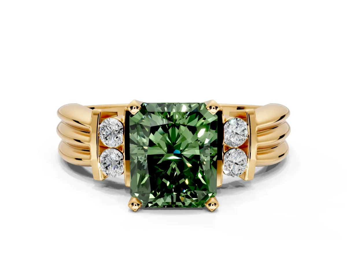 Solitaire Engagement Ring Setting for Fancy Green Radiant Cut Center with Grooved Bar Accent Band and Prong Head in Yellow Gold