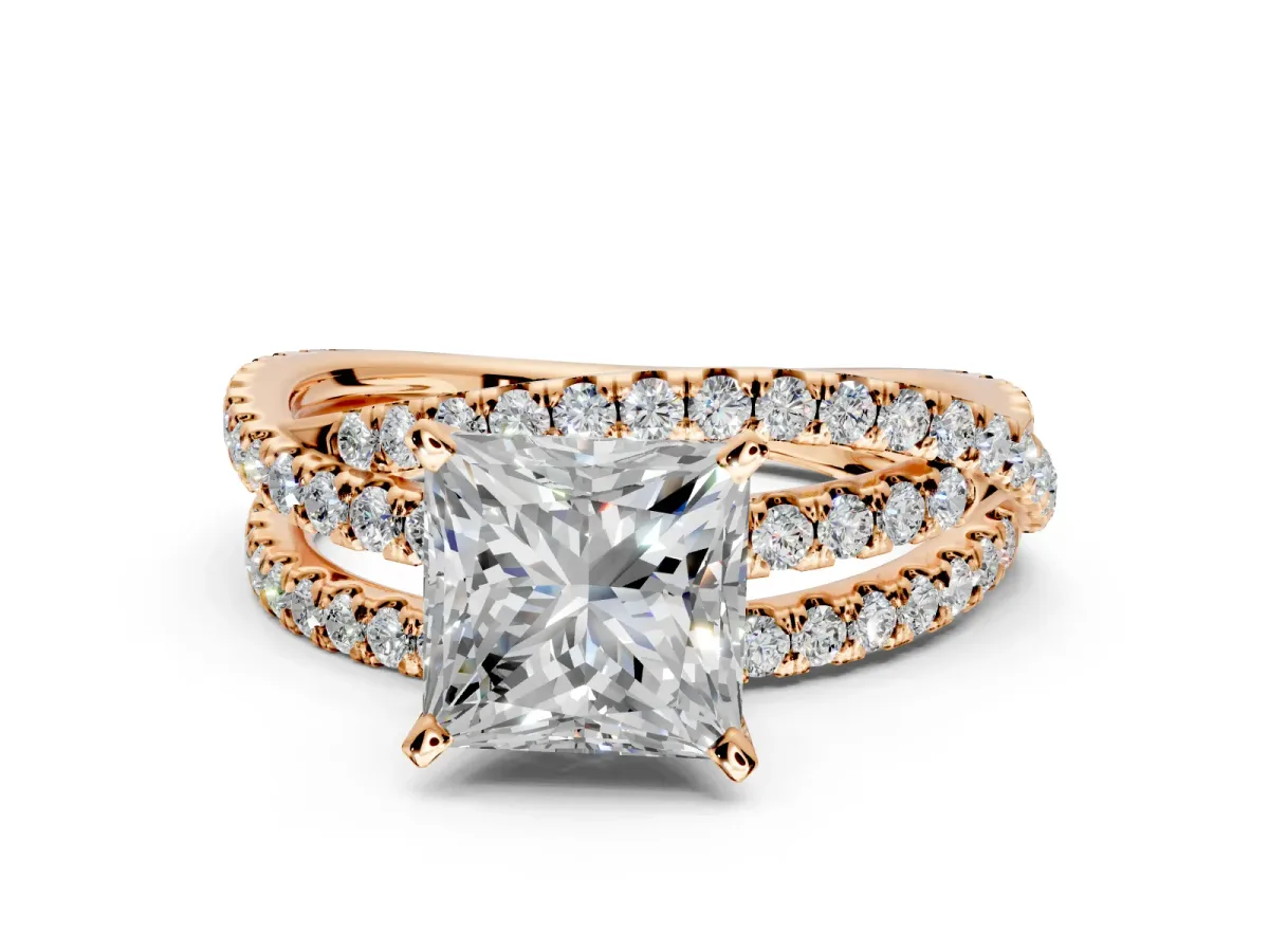 Solitaire Engagement Ring Setting for Princess Cut Center with Woven 3-Strand Pave Band and Prong Head in Rose Gold