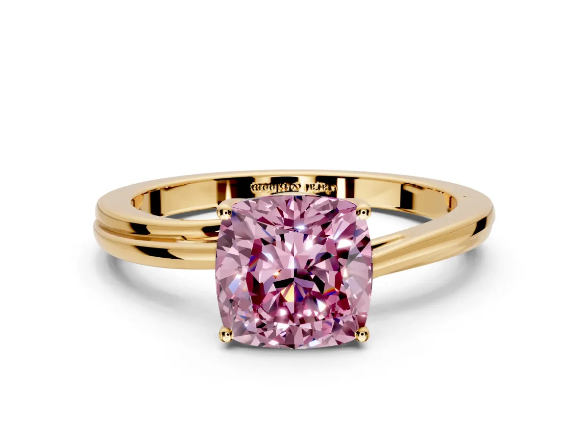 Solitaire Engagement Ring Setting for Fancy Pink Cushion Cut Center with Plain Bypass Twist Band and Prong Head in Yellow Gold