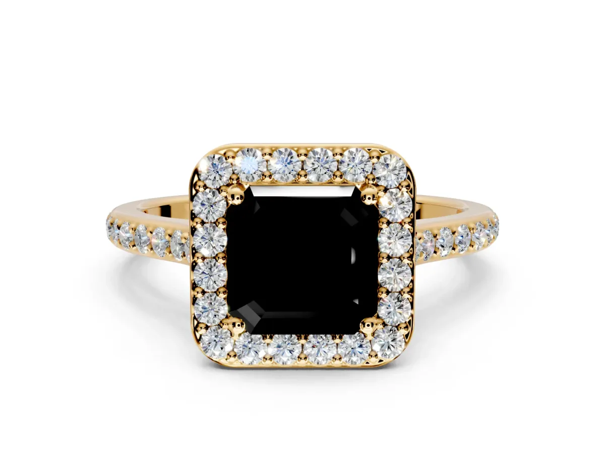 Halo Engagement Ring Setting for Fancy Black Asscher Cut Center with Pave Accents, Heart Basket and Prong Head in Yellow Gold
