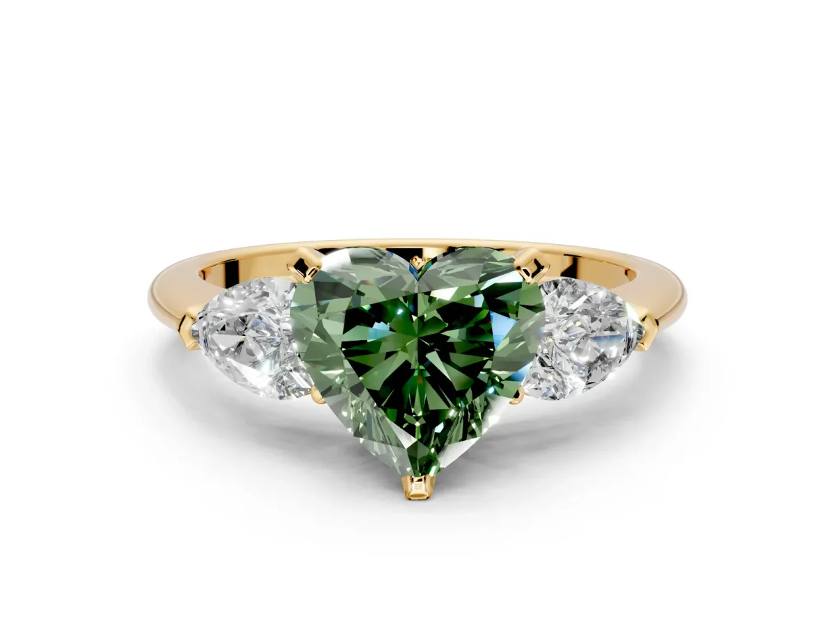 3 Stone Engagement Ring Setting for Fancy Green Heart-Shaped Center with Large Pear-Shaped Accents and Prong Head in Yellow Gold