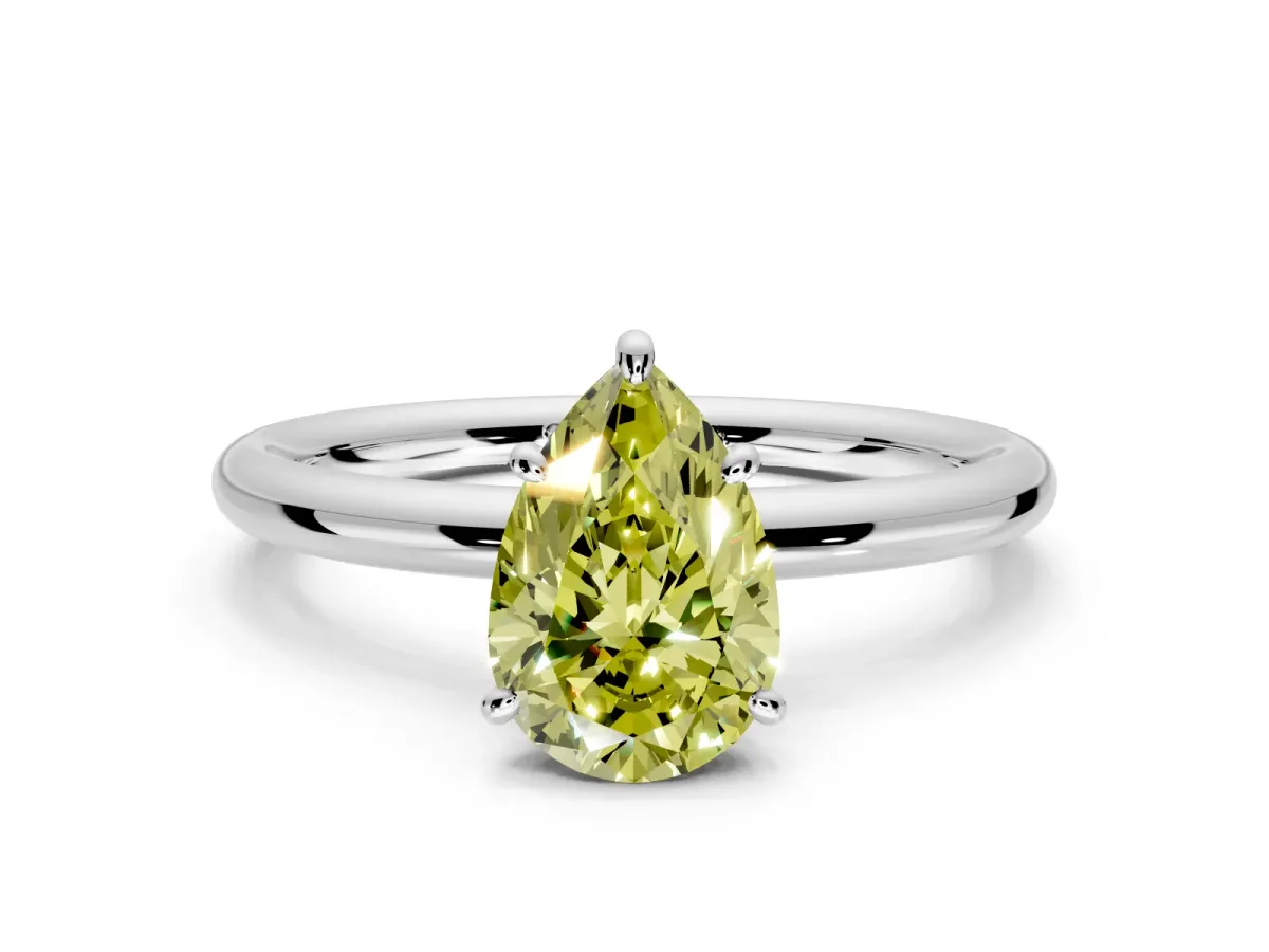 Low-Set Solitaire Engagement Ring Setting for Fancy Yellow Pear-Shaped Center with Thin Plain Band and Prong Head in Platinum
