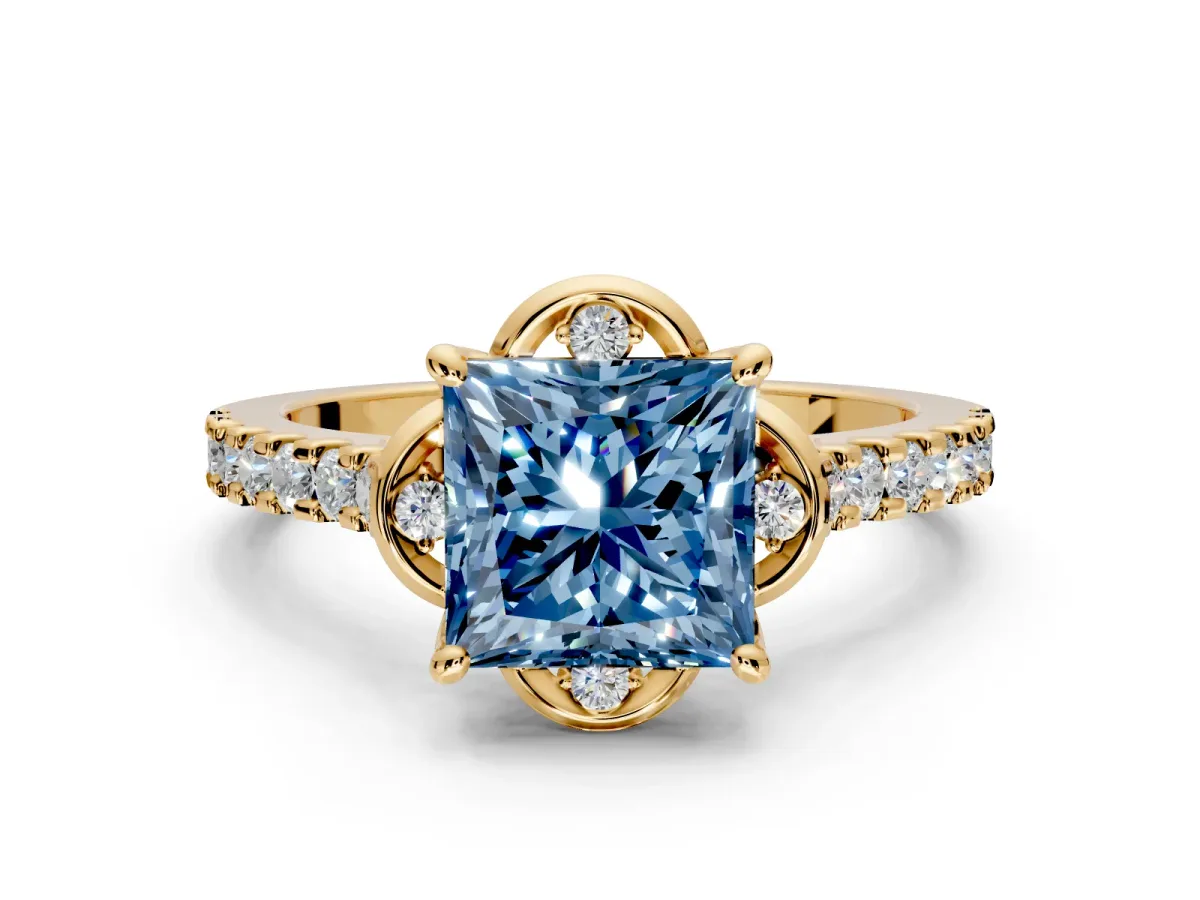 Floral Engagement Ring Setting for Fancy Blue Princess Cut Center with Pave Band and Floral Prong Head in Yellow Gold