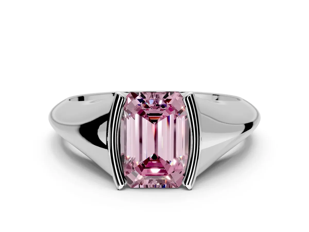 Tension Engagement Ring Setting for Fancy Pink Emerald Cut Center with Wide Tapered Band and Tension Head in Sterling Silver