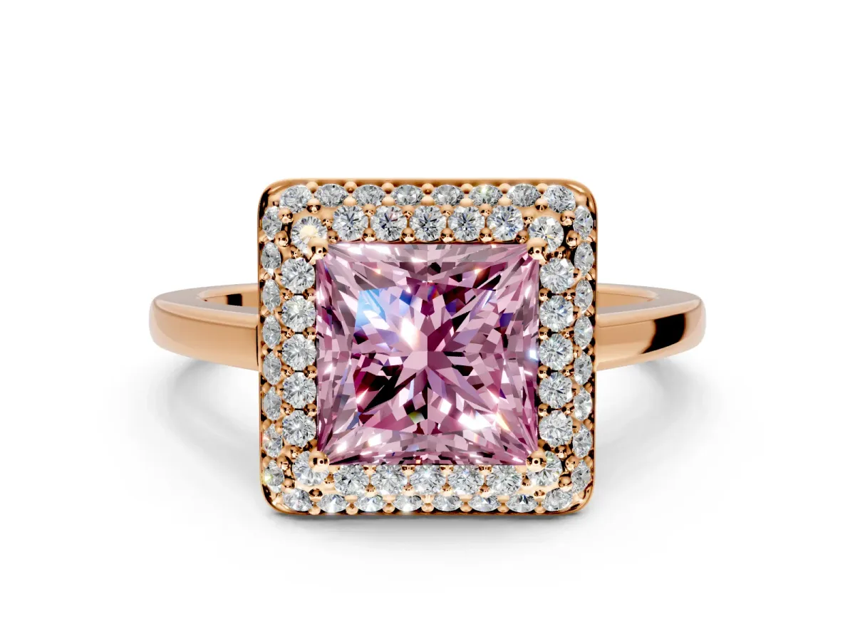 Halo Engagement Ring Setting for Fancy Pink Princess Cut Center with Plain Tapered Band and Prong Head in Rose Gold