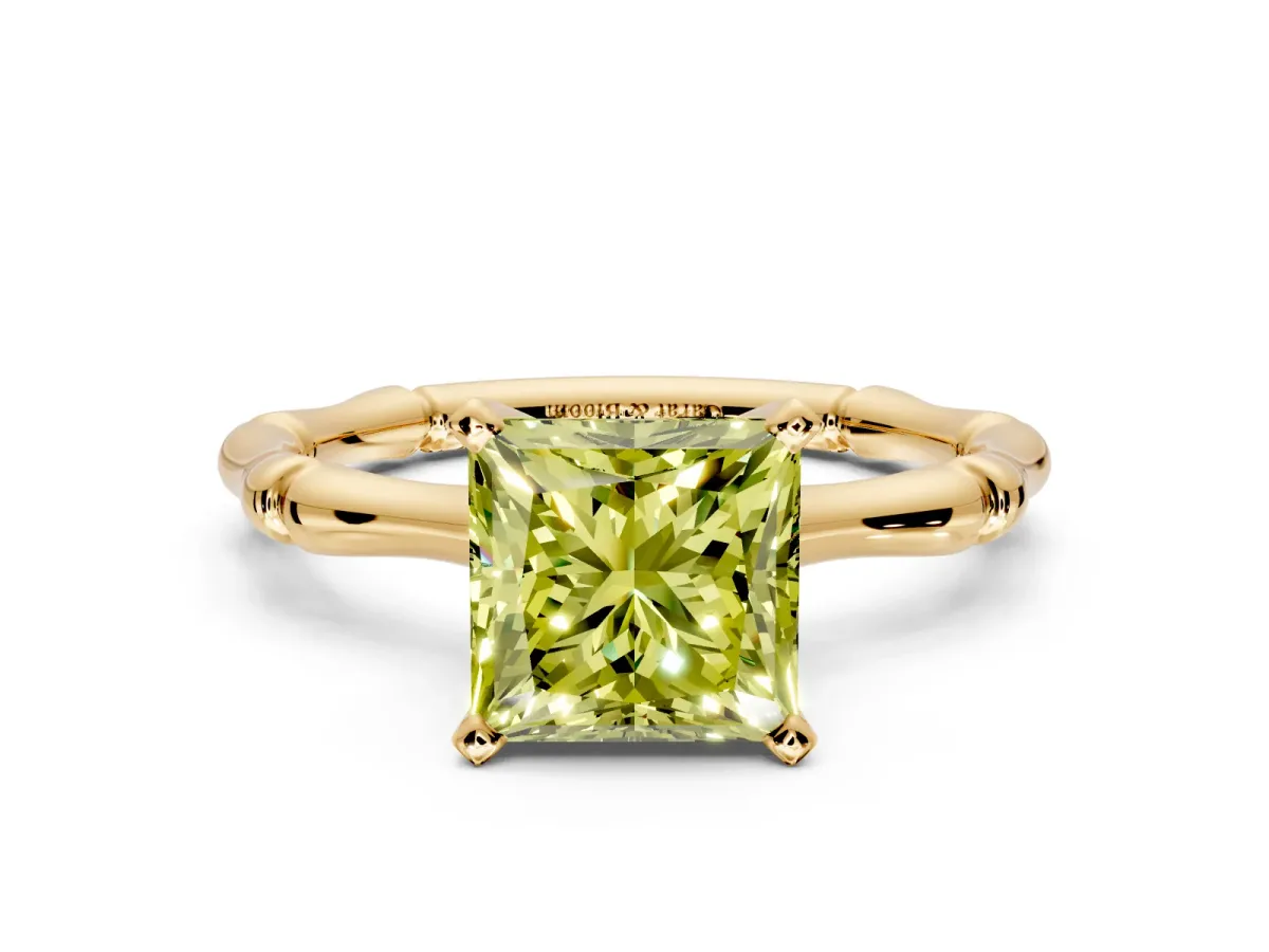 Solitaire Engagement Ring Setting for Fancy Yellow Princess Cut Center with Bamboo Band and Prong Head in Yellow Gold