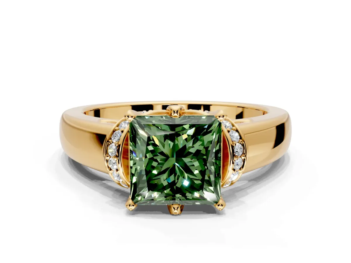 Solitaire Engagement Ring Setting for Fancy Green Princess Cut Center with Wide Band, Pave Collar and Prong Head in Yellow Gold