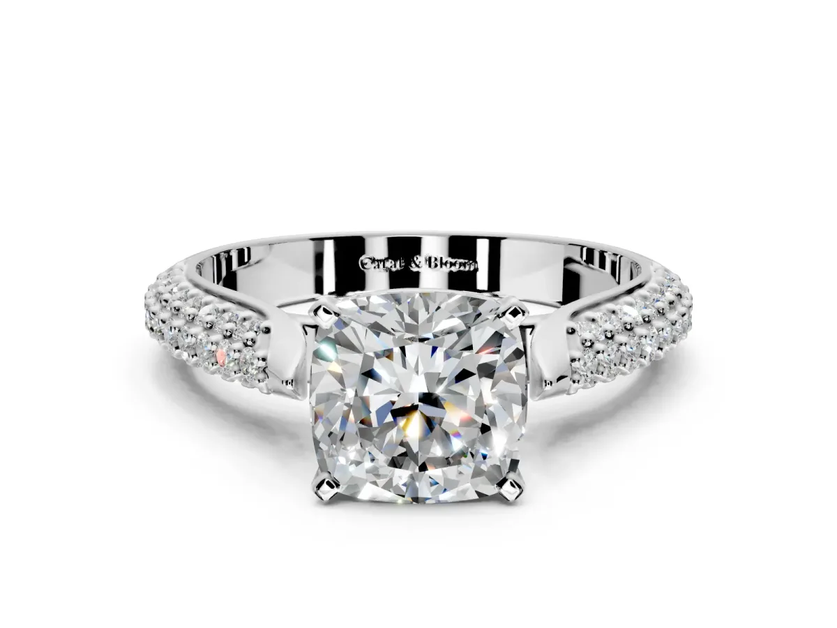 Solitaire Engagement Ring Setting for Cushion Cut Center with Multi-Row Accents and Prong Head in Platinum