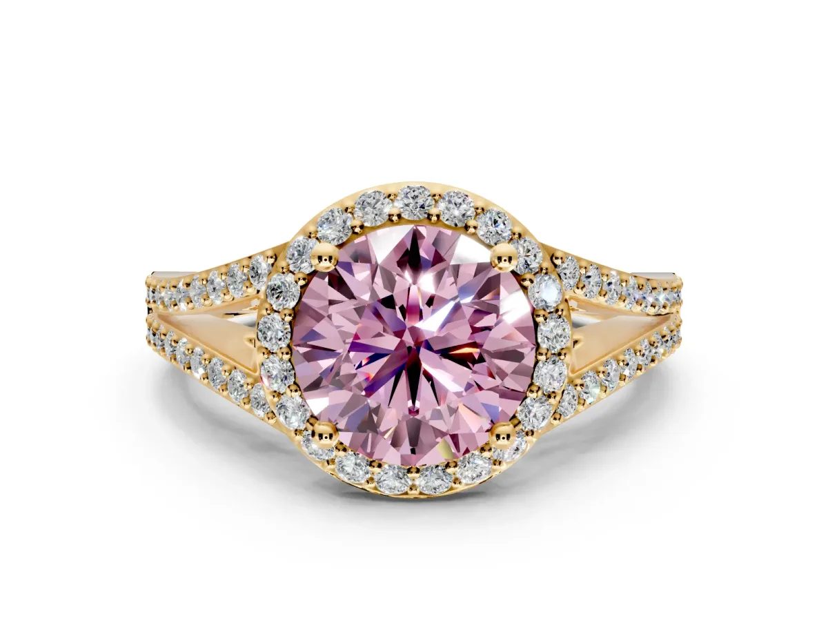 Halo Engagement Ring Setting for Fancy Pink Round Cut Center with Pave Split Shank and Prong Head in Yellow Gold