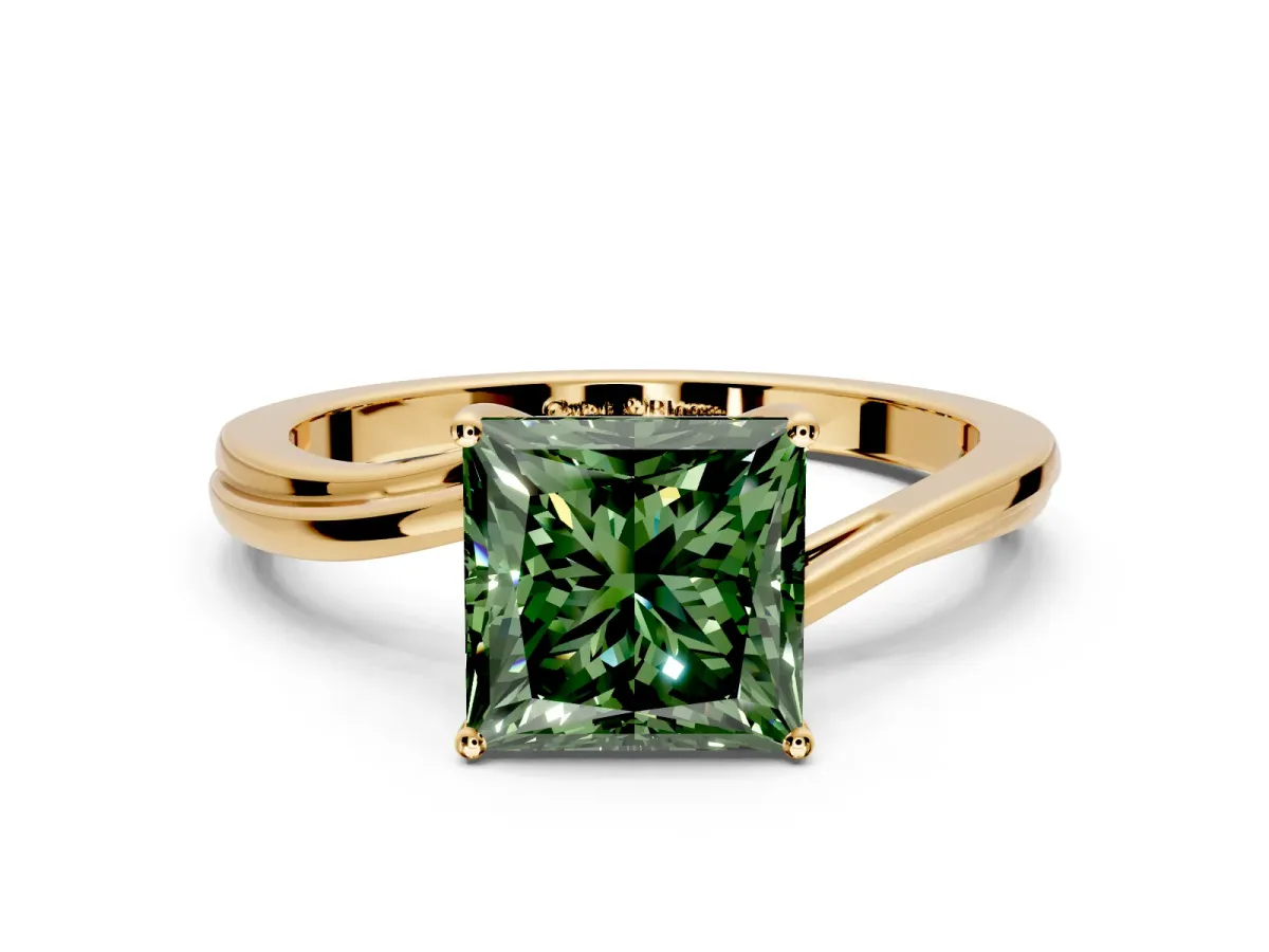 Solitaire Engagement Ring Setting for Fancy Green Princess Cut Center with Plain Bypass Twist Band and Prong Head in Yellow Gold