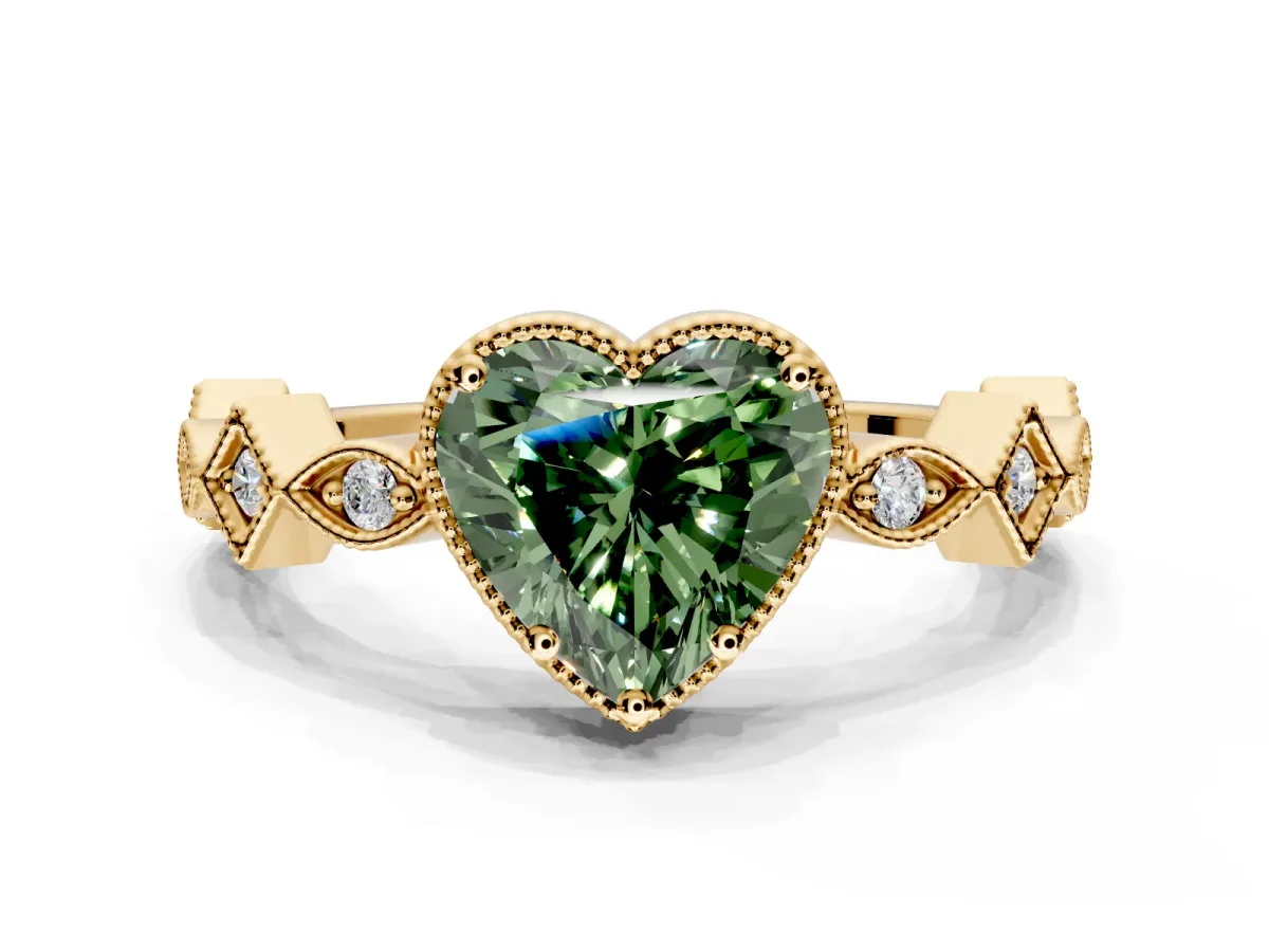 Milgrain Bezel Engagement Ring Setting for Fancy Green Heart-Shaped Center with Marquise Stations and Bezel Head in Yellow Gold