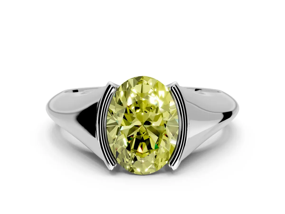 Tension Engagement Ring Setting for Fancy Yellow Oval Center with Wide Tapered Band and Tension Head in Platinum