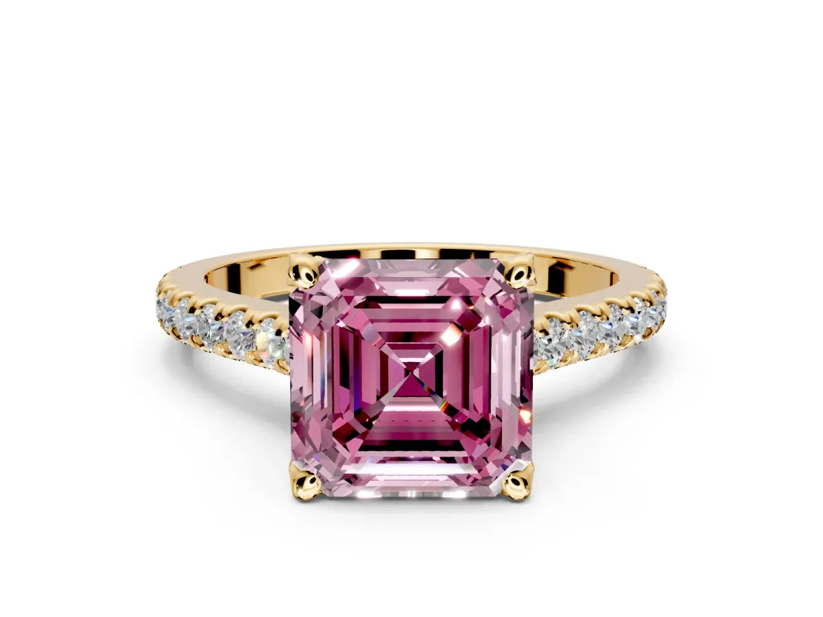 Solitaire Engagement Ring Setting for Fancy Pink Asscher Cut Center with Widening Pave Band and Claw Prong Head in Yellow Gold