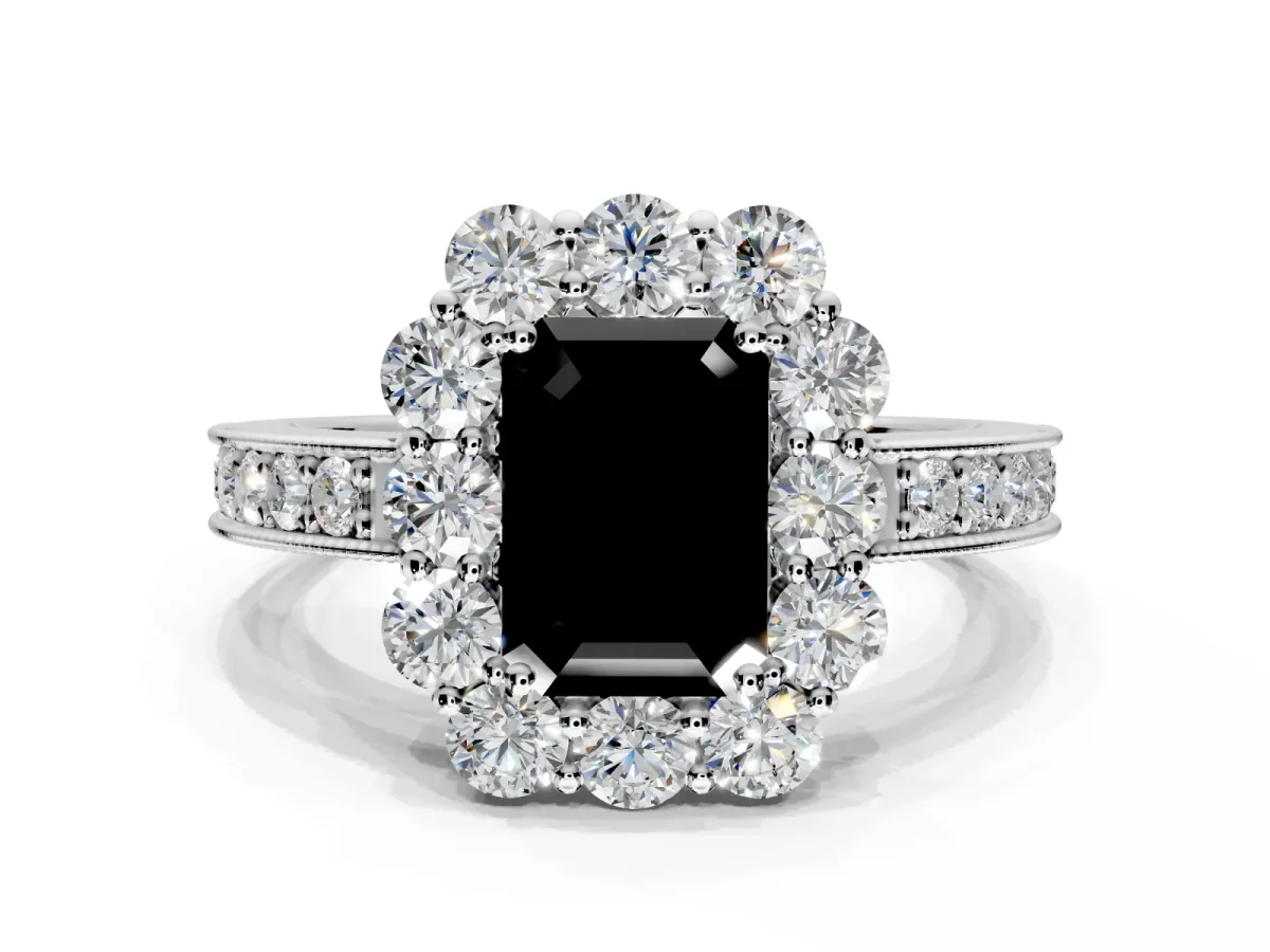 Halo Engagement Ring Setting for Fancy Black Emerald Cut Center with Milgrain Channel Band and Prong Head in White Gold