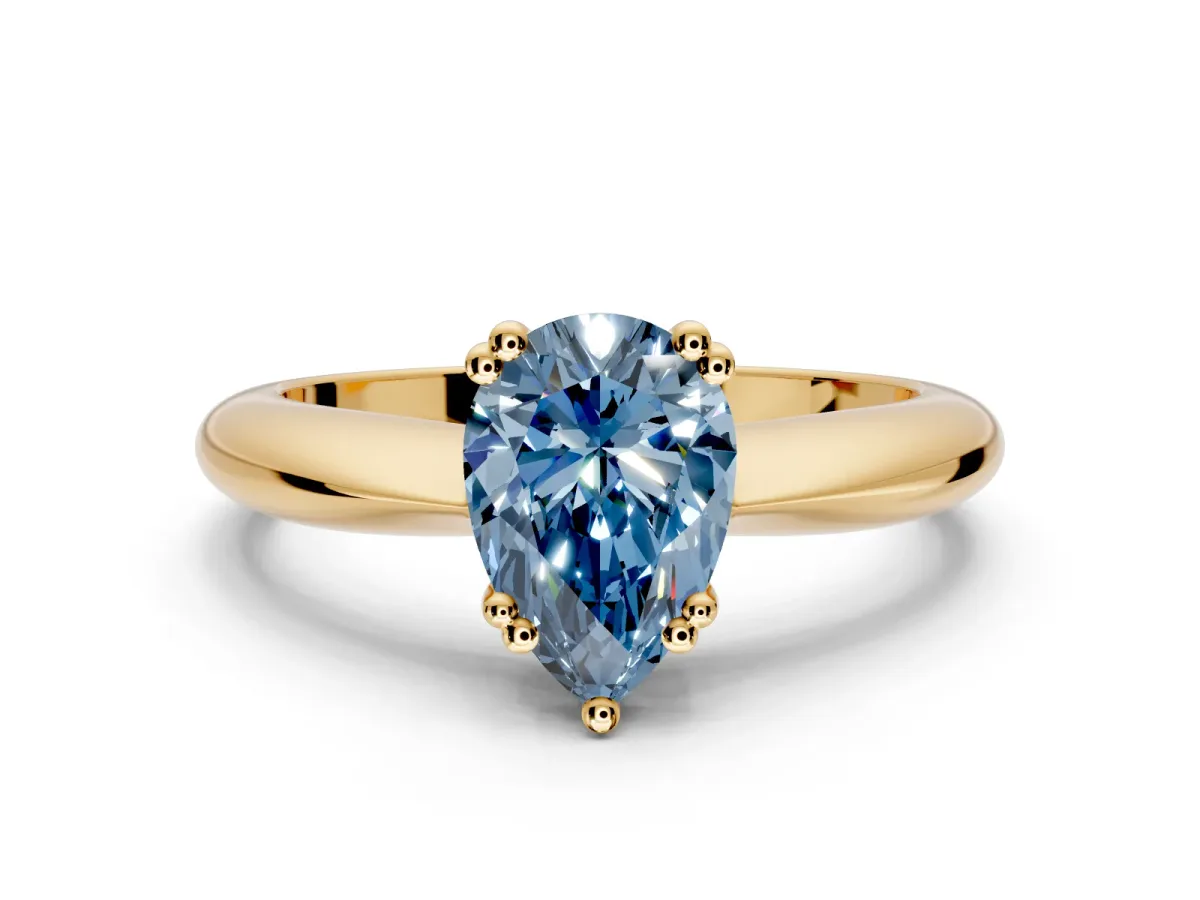 Solitaire Engagement Ring Setting for Fancy Blue Pear-Shaped Center with Reverse Tapered Band and Prong Head in Yellow Gold