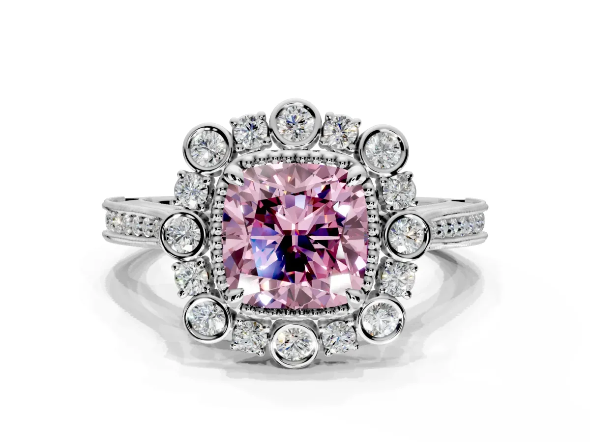 Milgrain Halo Engagement Ring Setting for Fancy Pink Cushion Cut Center with Bezel Point Accents and Prong Head in Platinum