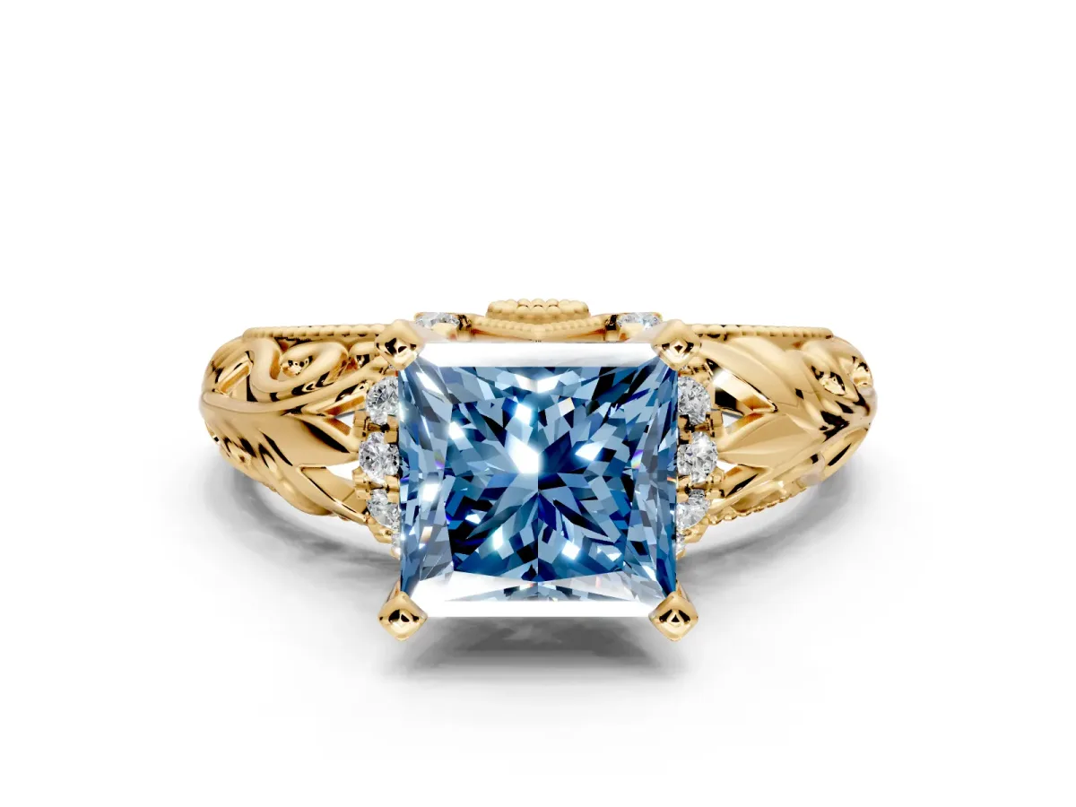 Solitaire Engagement Ring Setting for Fancy Blue Princess Cut Center with Filigree Accent Basket and Prong Head in Yellow Gold