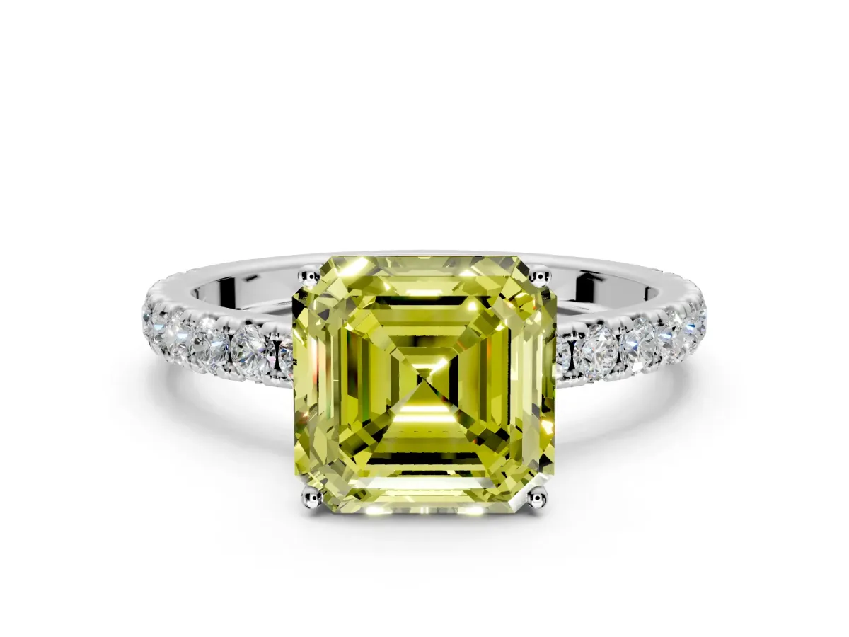 Solitaire Engagement Ring Setting for Fancy Yellow Asscher Cut Center with Large Accent Band and Prong Head in Sterling Silver
