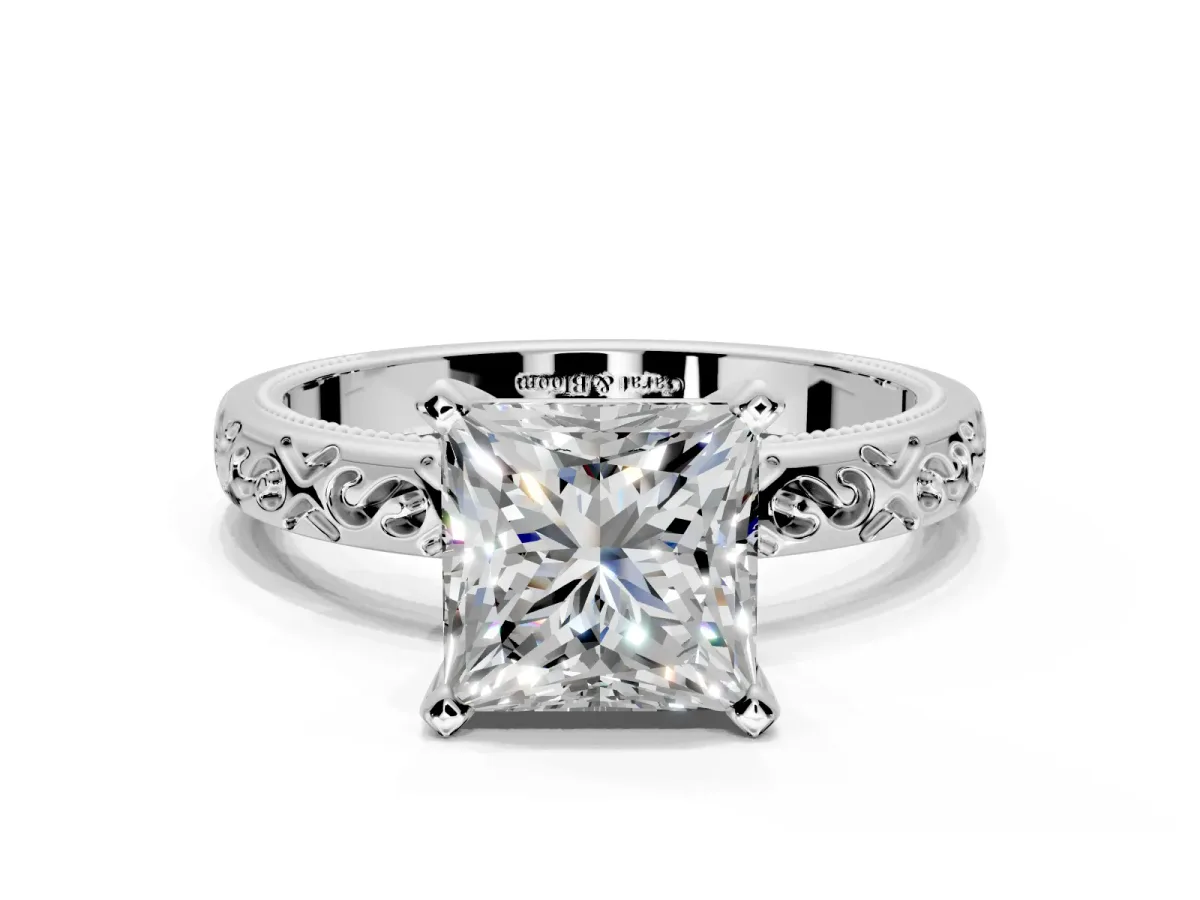 Solitaire Engagement Ring Setting for Princess Cut Center with Scrollwork Band and Prong Head in Platinum