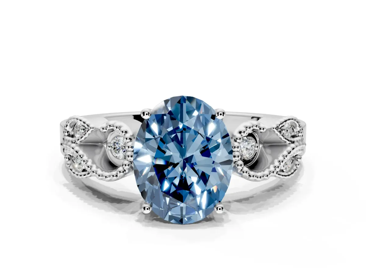 Leaf Engagement Ring Setting for Fancy Blue Oval Center with Milgrain Accent Band and Prong Head in Sterling Silver