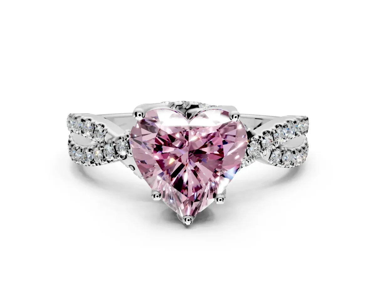 Solitaire Engagement Ring Setting for Fancy Pink Heart-Shaped Center with Narrow Twist Pave Band and Prong Head in Sterling Silver