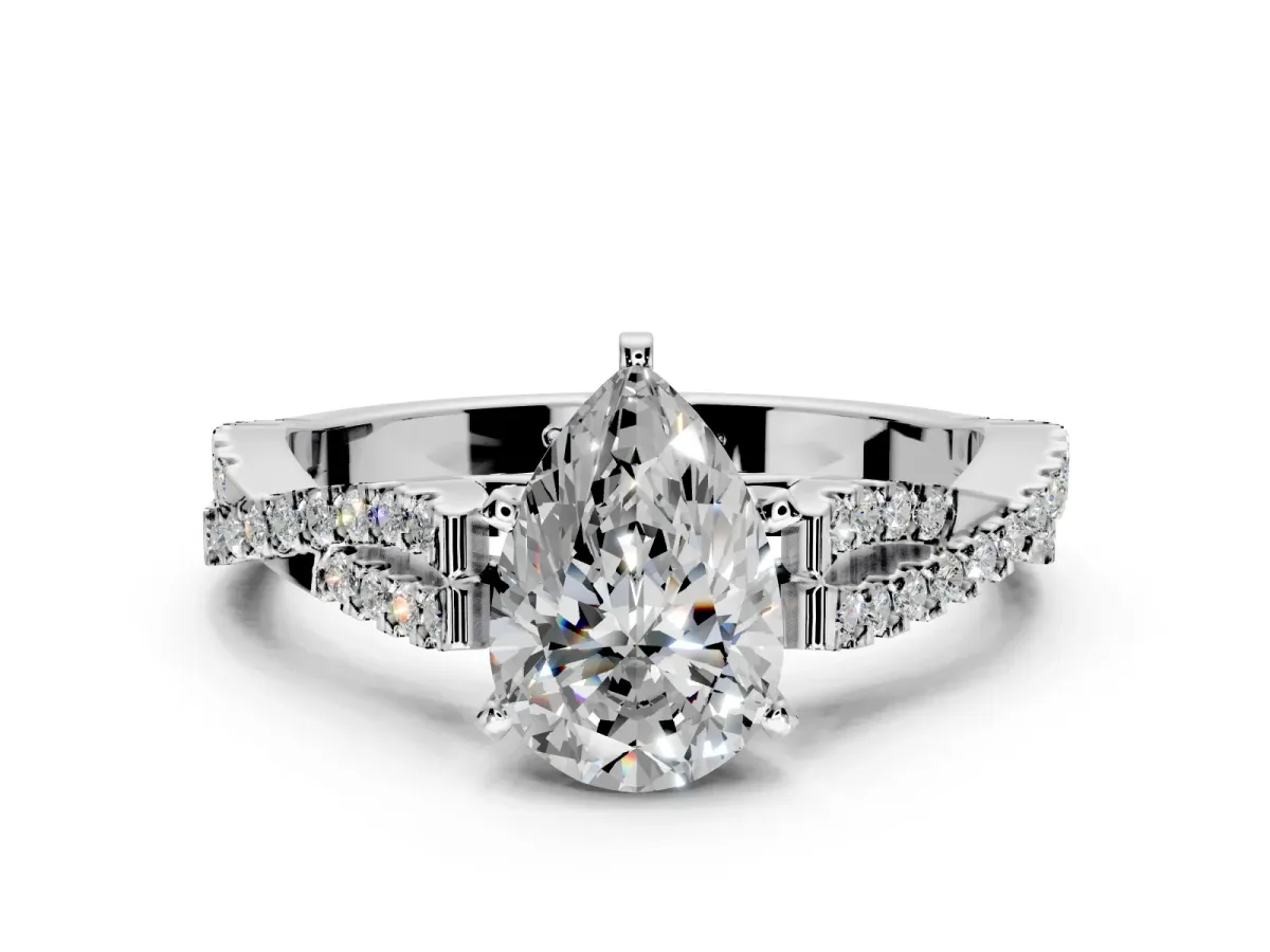 Solitaire Engagement Ring Setting for Pear-Shaped Center with Twisted Pave Split Shank and Prong Head in Platinum