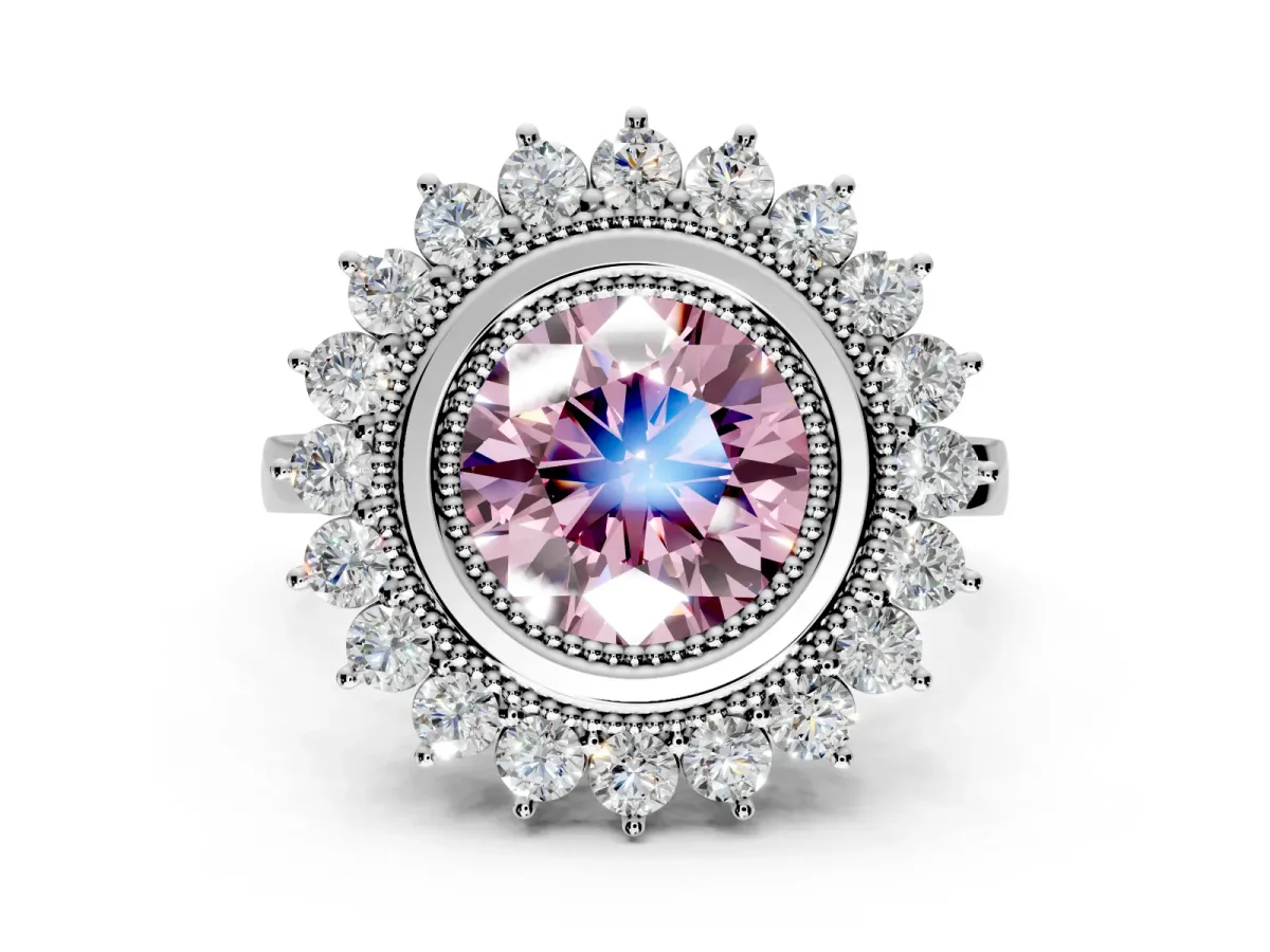 Halo Engagement Ring Setting for Fancy Pink Round Cut Center with Milgrain Bezel Rim, Plain Band and Prong Head in White Gold