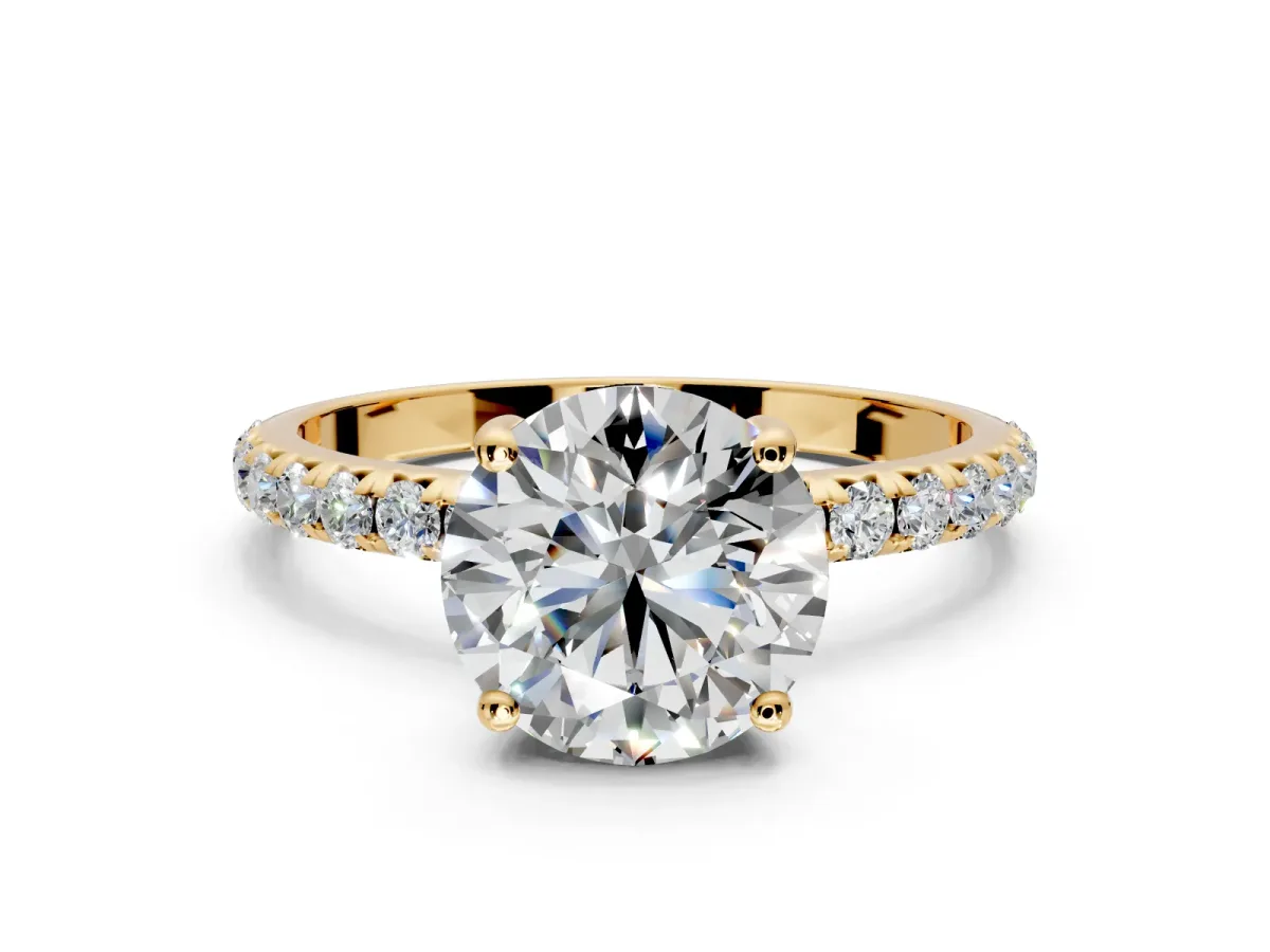 Solitaire Engagement Ring Setting for Round Cut Center with Micro Pave Band and Prong Head in Yellow Gold