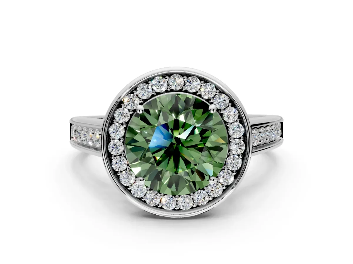 Halo Engagement Ring Setting for Fancy Green Round Cut Center with Outer Bezel Rim, Pave Band and Prong Head in Platinum