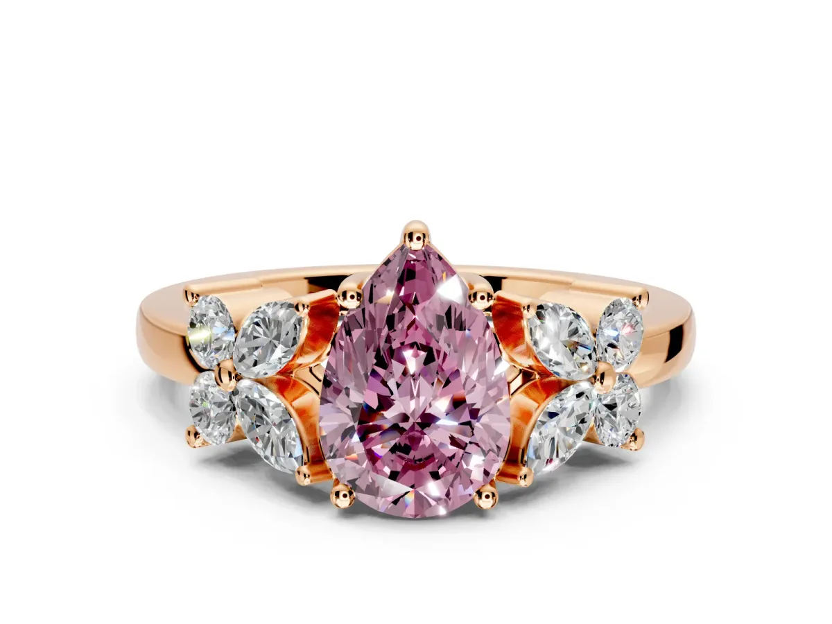 Floral Engagement Ring Setting for Fancy Pink Pear-Shaped Center with Marquise Cluster Shoulders and Prong Head in Rose Gold