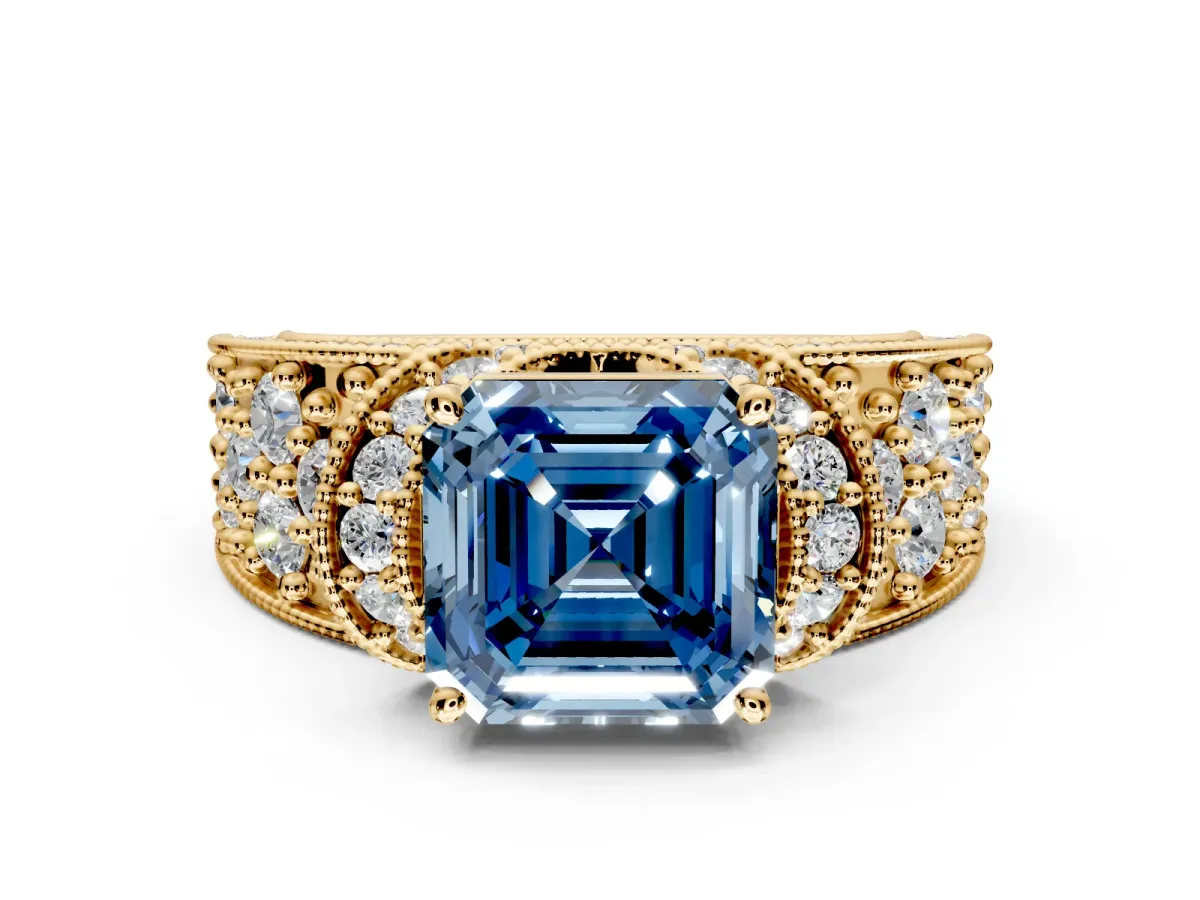 Pave Engagement Ring Setting for Fancy Blue Asscher Cut Center with Curved Accent Rows, Openwork and Prong Head in Yellow Gold