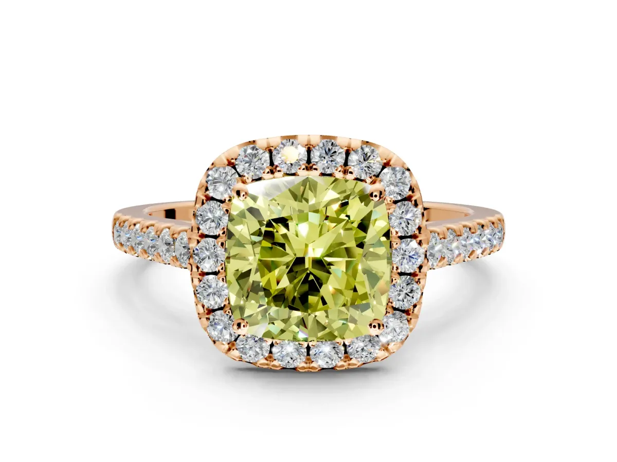 Halo Engagement Ring Setting for Fancy Yellow Cushion Cut Center with Narrowing Pave Band and Prong Head in Rose Gold