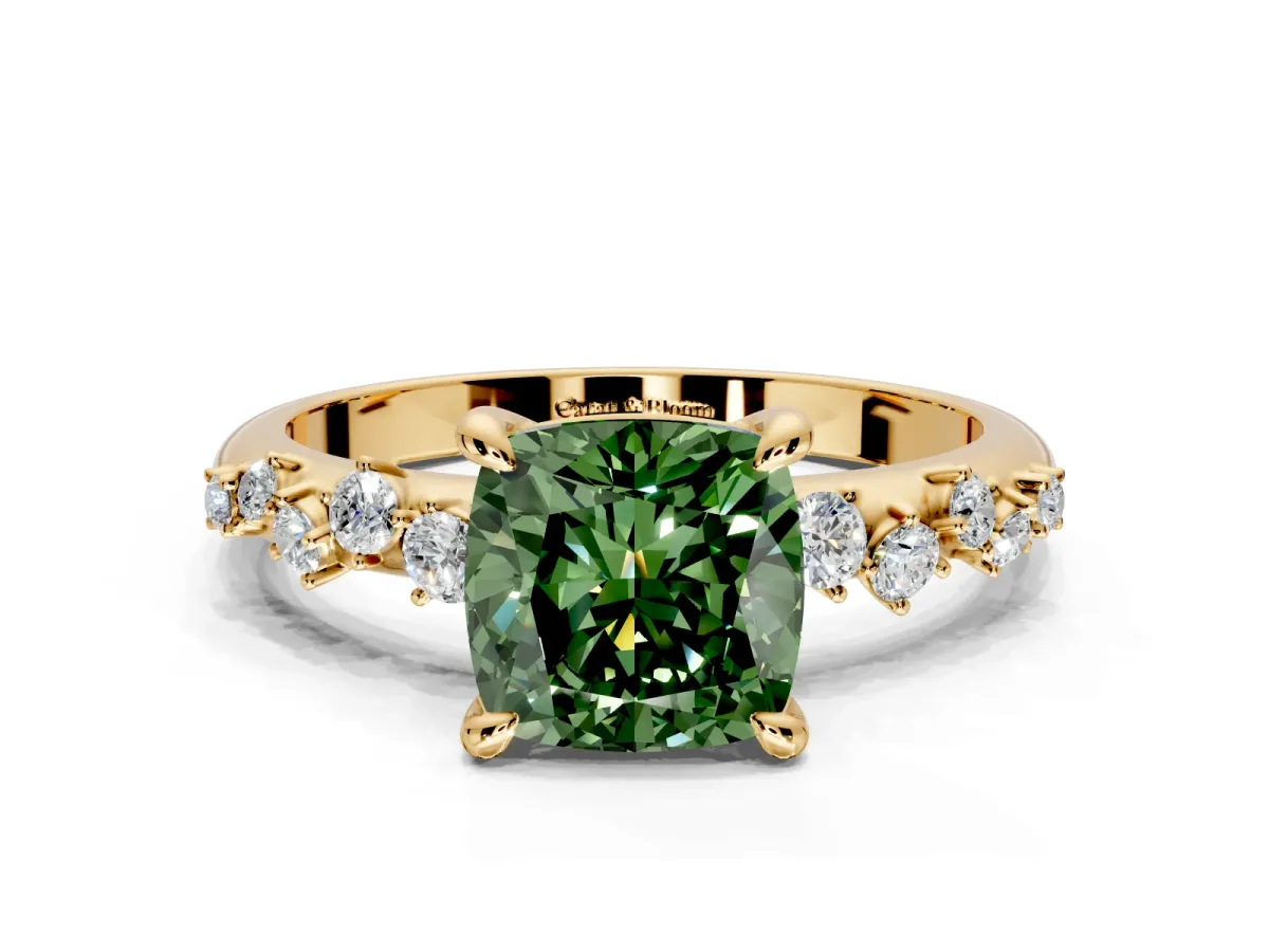 Solitaire Engagement Ring Setting for Fancy Green Cushion Cut Center with Trailing Leaf Accent Band and Prong Head in Yellow Gold