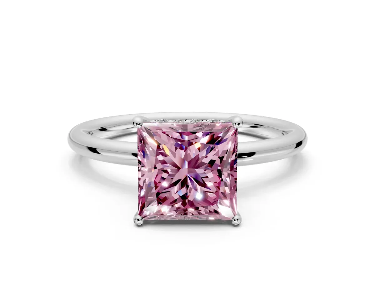 Solitaire Engagement Ring Setting for Fancy Pink Princess Cut Center with Plain Band, Open Basket and Prong Head in Sterling Silver