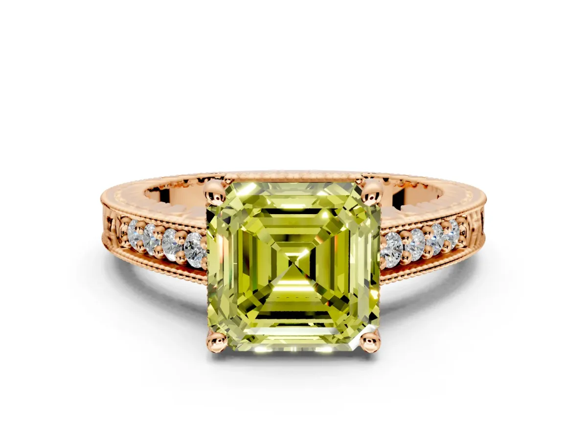 Engraved Engagement Ring Setting for Fancy Yellow Asscher Cut Center with Milgrain Pave Band and Prong Head in Rose Gold